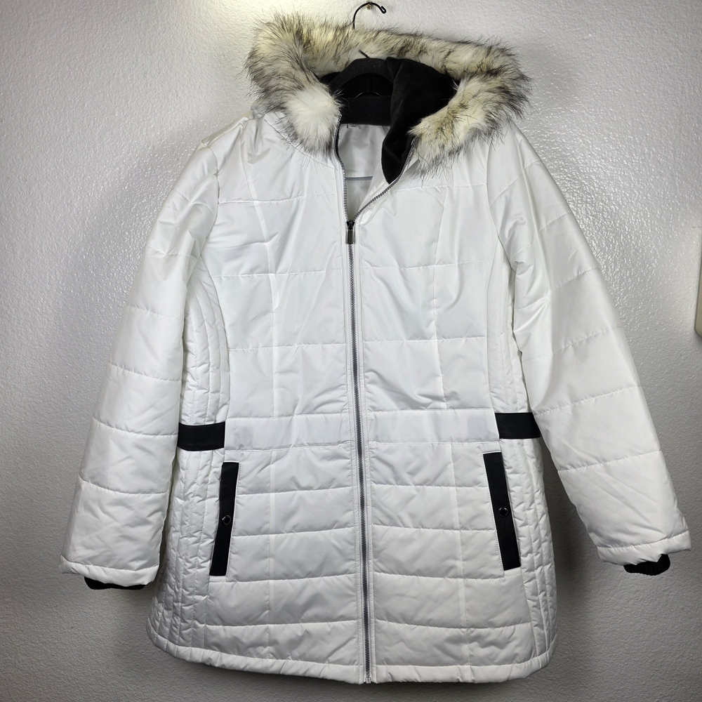 Susan Graver‎ Water Resistant Puffer with Faux Fur Detail White Size XL